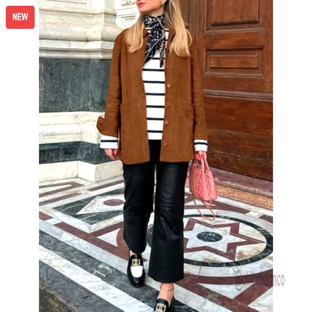 Faux Suede Shacket Jacket Button Down Long Sleeve… - image 4